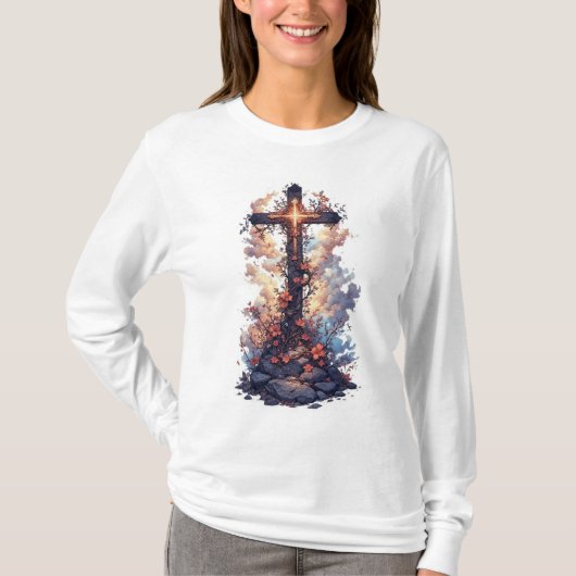 女性用 おしゃれなキリスト教の十字架柄 長袖Tシャツ Tシャツ (正面)