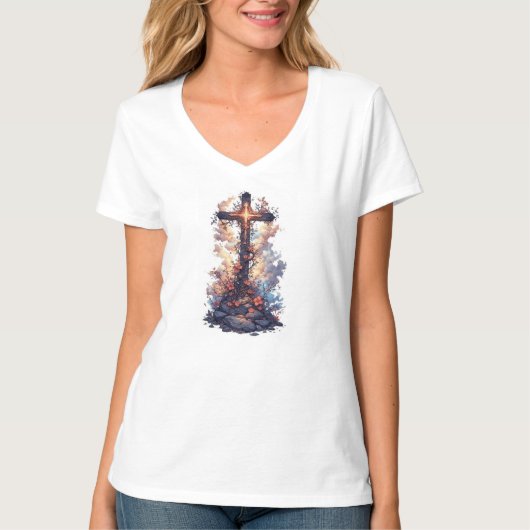 女性用 おしゃれなキリスト教の十字架VネックTシャツ Tシャツ (正面)
