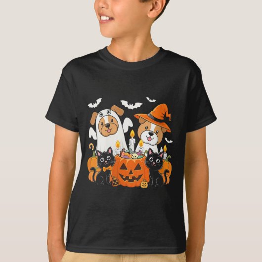 女性用 おもしろハロウィン 幽霊の格好をした犬 Tシャツ (正面)