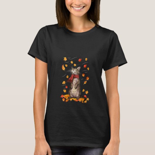 女性用 かわいい猫 スカーフ 落ち葉 風 猫 イデア Tシャツ (正面)