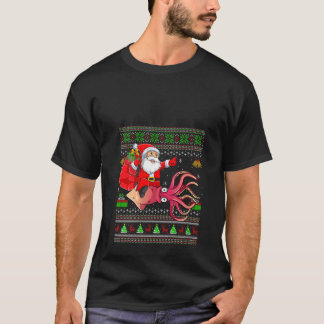 女性用 クリスマス おかしいセーター 面白いサンタ イカに乗る Tシャツ