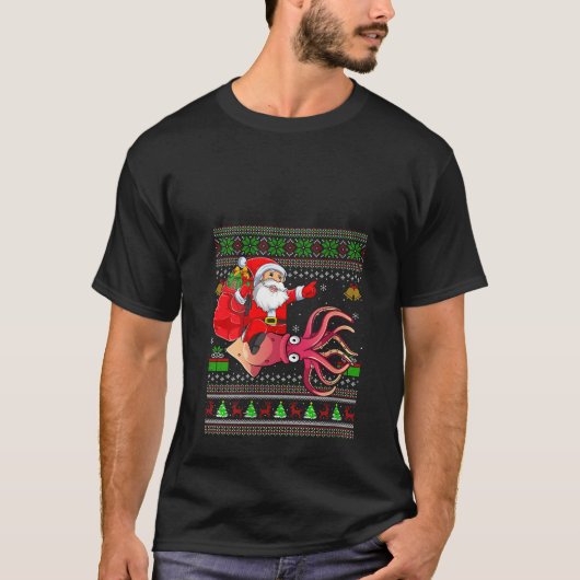 女性用 クリスマス おかしいセーター 面白いサンタ イカに乗る Tシャツ (正面)