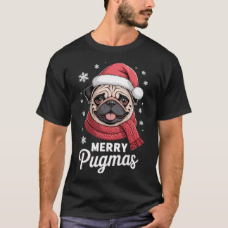 女性用 メリー パグマス サンタ クリスマス パグ Tシャツ