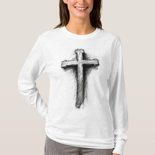 女性用 太字のキリスト教の十字架 長袖Tシャツ Tシャツ (正面)