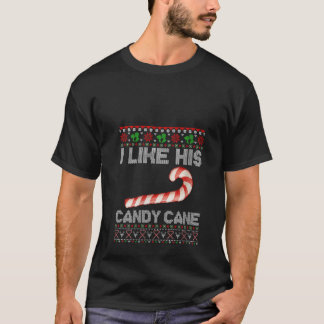 女性用 彼のキャンディケーンが好き 面白い カップル クリスマスの醜い服 Tシャツ