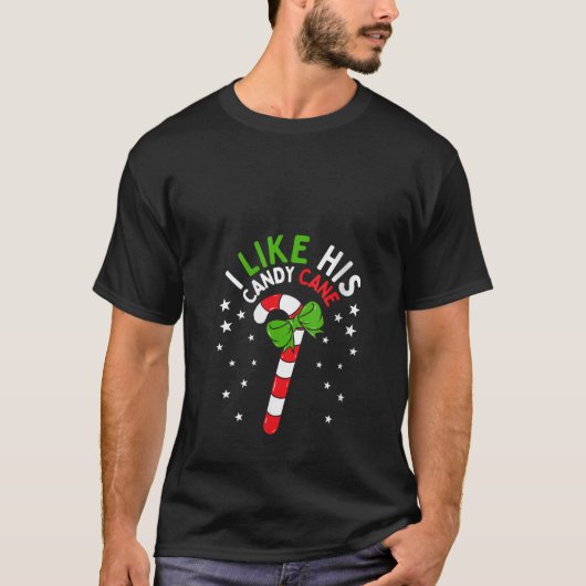 女性用 彼のキャンディーケーンが好きな面白いクリスマスのカップル Tシャツ (正面)