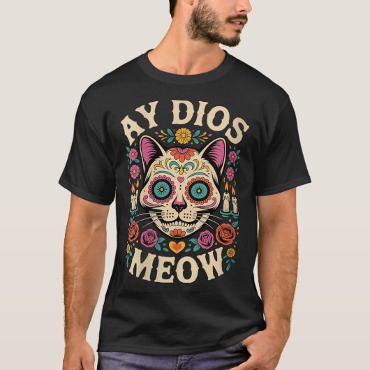 女性用 Ay Dios Meow 面白いシュガースカル猫ディアデ Tシャツ (正面)