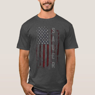 女性用 SAUER ファミリー アメリカ国旗 Vネック おもしろTシャツ Tシャツ