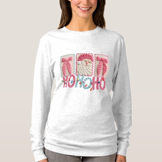 女性用Ho Ho Hoサンタ - フェイク刺繍クリスマス Tシャツ (正面)