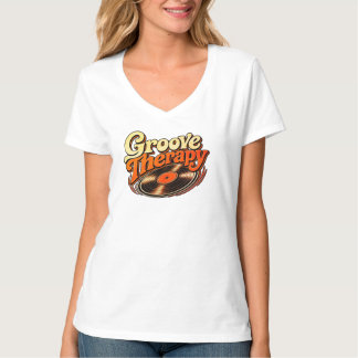 女性用Vネック ビニールとグルーヴセラピー Tシャツ