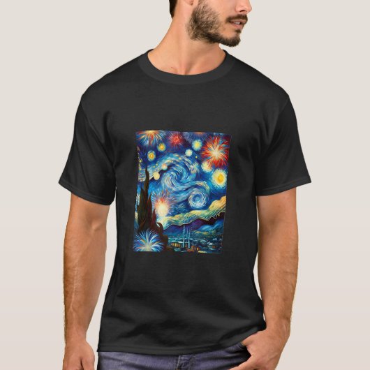 女性男性子供7月4日ヴァンゴッホ星空の夜火 Tシャツ (正面)
