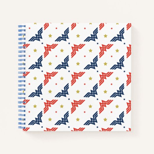 女性疑問に思の赤と青のロゴパターン ノートブック (正面)