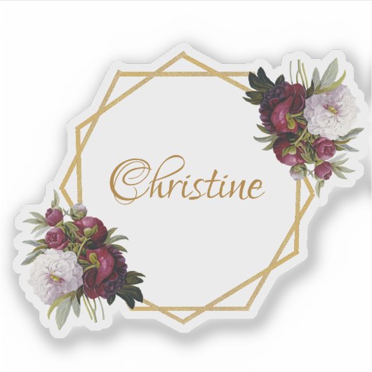 女性的ゴールド バーガンディー ピオニー ネーム フローラル ジオメトリック シール (正面)