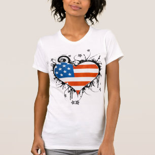 女性米国の旗の汚い花のハートフレーム Tシャツ