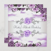 女性紫ラベンダーバラ50th誕生日パーティー 招待状 (正面/裏面)