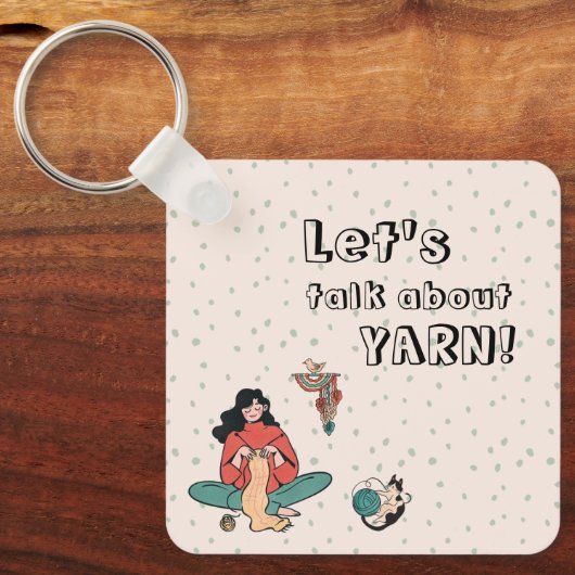 女性編み物猫が糸の引用文について話そう キーホルダー (正面)