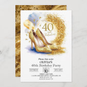 女性編集可能デジタル金ゴールド40th誕生日 招待状 (正面/裏面)