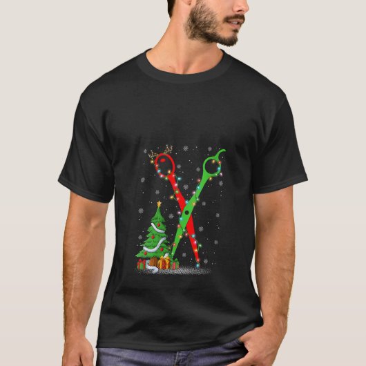 女性美容師ハサミクリスマスツリーライト髪S Tシャツ (正面)