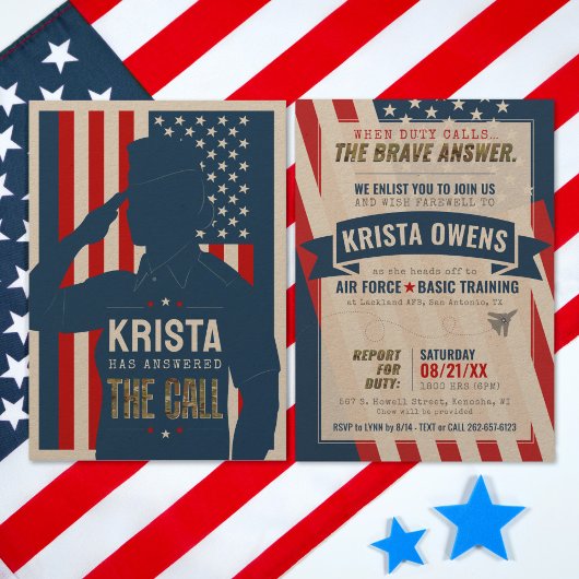 女性航空従事者素朴軍隊行遠くにくパーティー 招待状