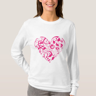 女性赤く装飾的なハートの長い袖のワイシャツ Tシャツ