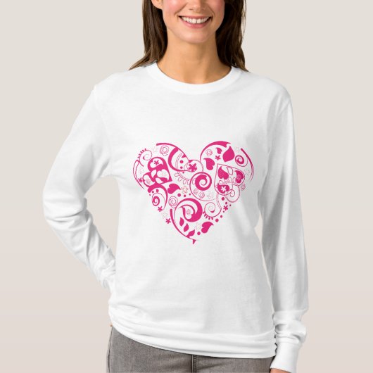 女性赤く装飾的なハートの長い袖のワイシャツ Tシャツ (正面)