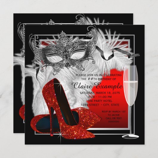 女性赤と黒の仮装の誕生日パーティー 招待状 (正面/裏面)