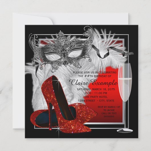 女性赤と黒の仮装の誕生日パーティー 招待状 (正面)