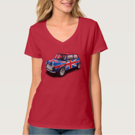 女性赤のTシャツの英国国旗のクラシックな小型車 Tシャツ