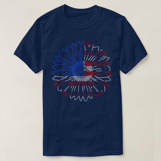 女性赤白青ひまわりきらきら光るラインストーン4t tシャツ (デザイン正面)