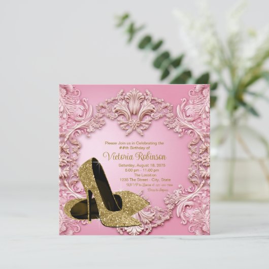 女性赤面ピンク金ゴールドシューバースデーパーティー 招待状 (スタンド正面)