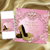 女性赤面ピンク金ゴールドシューバースデーパーティー 招待状