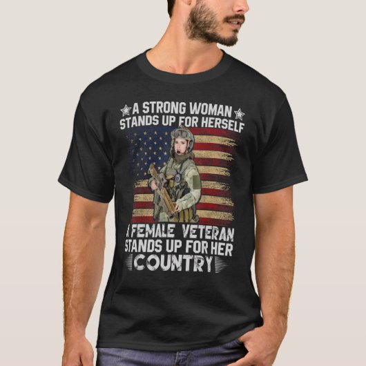 女性退役軍人アメリカ国旗の愛国的な米国退役軍人 Tシャツ (正面)