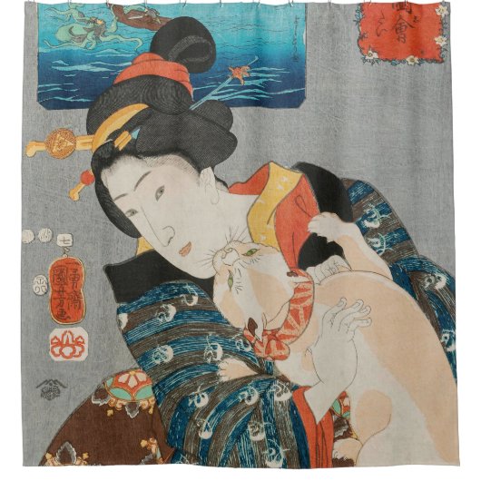 女性遊の猫ヴィンテージ日本のプリント シャワーカーテン (正面)