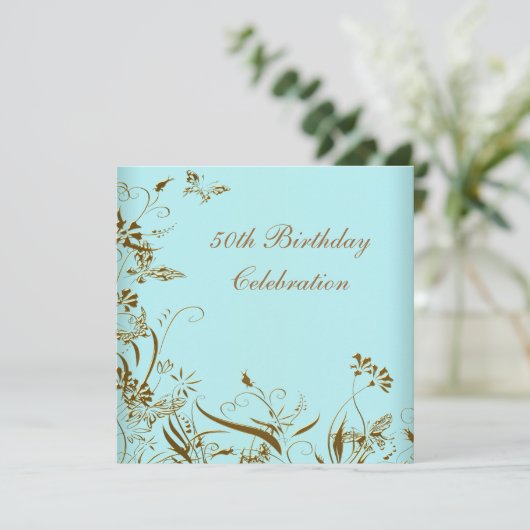 女性金ゴールドティール（緑がかった色）バタフライエレガント50番目の誕生日 招待状 (スタンド正面)
