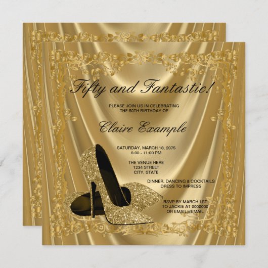 女性金ゴールドハイヒールバースデーパーティーサティングラム 招待状 (正面/裏面)