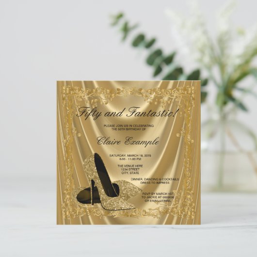 女性金ゴールドハイヒールバースデーパーティーサティングラム 招待状 (スタンド正面)