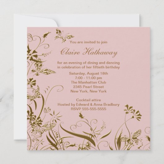 女性金ゴールドピンクバタフライ50誕生日 招待状 (裏面)
