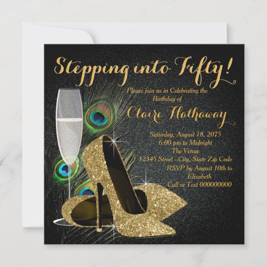 女性金ゴールドピーコックバースデーパーティー 招待状 (正面)