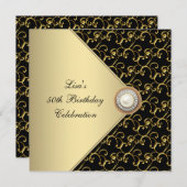 女性金ゴールドブラックパールクラシー50th誕生日パーティー 招待状 (正面/裏面)