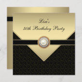 女性金ゴールドブラック50th誕生日パーティー 招待状 (正面/裏面)