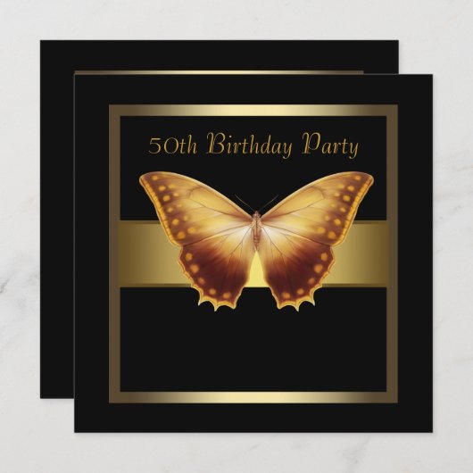 女性金ゴールド蝶エレガント50th誕生日パーティー 招待状 (正面/裏面)