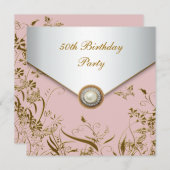 女性金ゴールド蝶50th誕生日パーティー 招待状 (正面/裏面)
