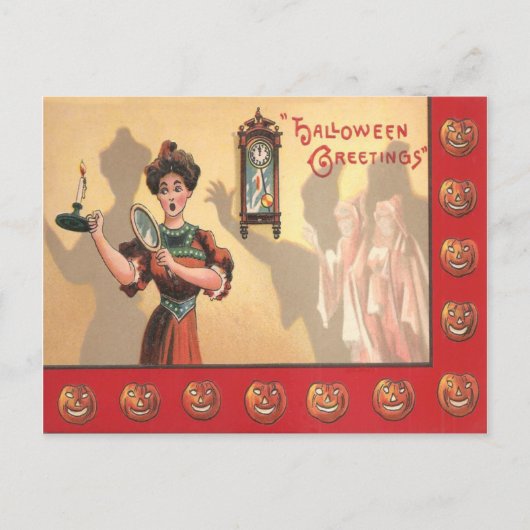 女性鏡キャンドルクロック幽霊ハロウィーンのカボチャのちょうちん ポストカード (正面)