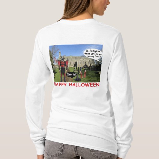 女性長袖ティー。ハッピーハローウィン。悪魔g tシャツ (裏面)