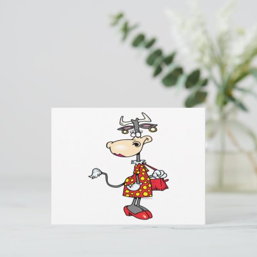 女性間抜け牛ショッピング買い物客の漫画キャラクター ポストカード (スタンド正面)