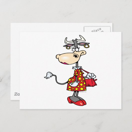 女性間抜け牛ショッピング買い物客の漫画キャラクター ポストカード (正面/裏面)