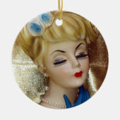 女性頭花瓶ヘアフラワーブルー手袋ファンシー セラミックオーナメント (正面)