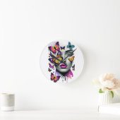 女性顔と蝶、ファンタジー ラウンド壁時計 (ホーム)