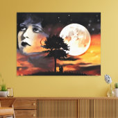 女性顔ムーンツリーシルエット抽象芸術アート キャンバスプリント (インサイチュ (リビング))