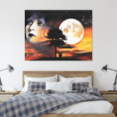 女性顔ムーンツリーシルエット抽象芸術アート キャンバスプリント (インサイチュ (寝室))